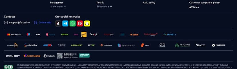 FS Casino footer payment strip showing Mastercard, Maestro, Visa, Neteller, Skrill, Jeton and MiFinity above the provider logos