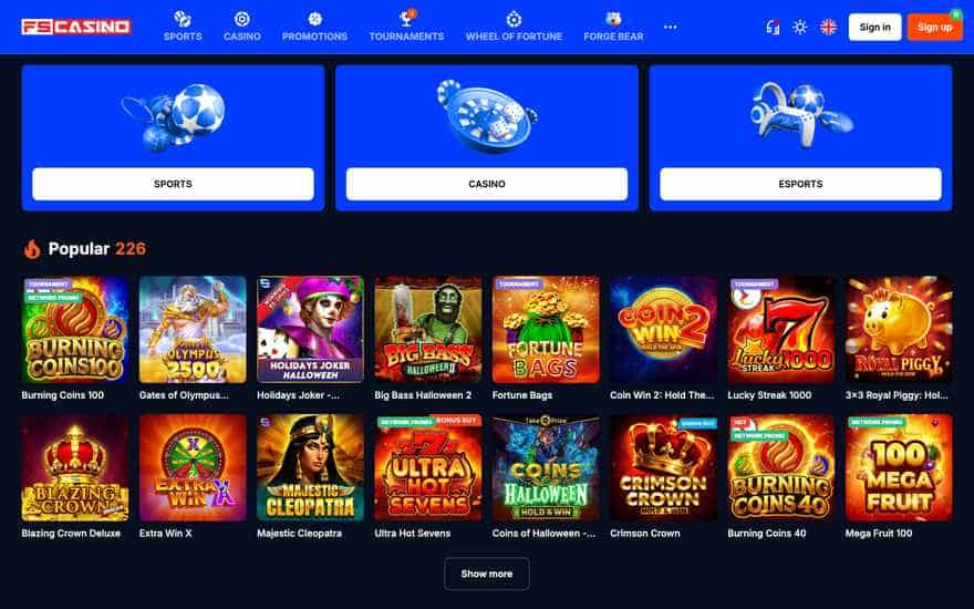 FS Casino homepage split into sports, casino and esports above the popular games grid