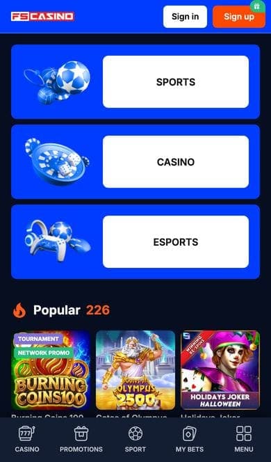 FS Casino on a phone, with the sports, casino and esports switcher and the bottom tab bar