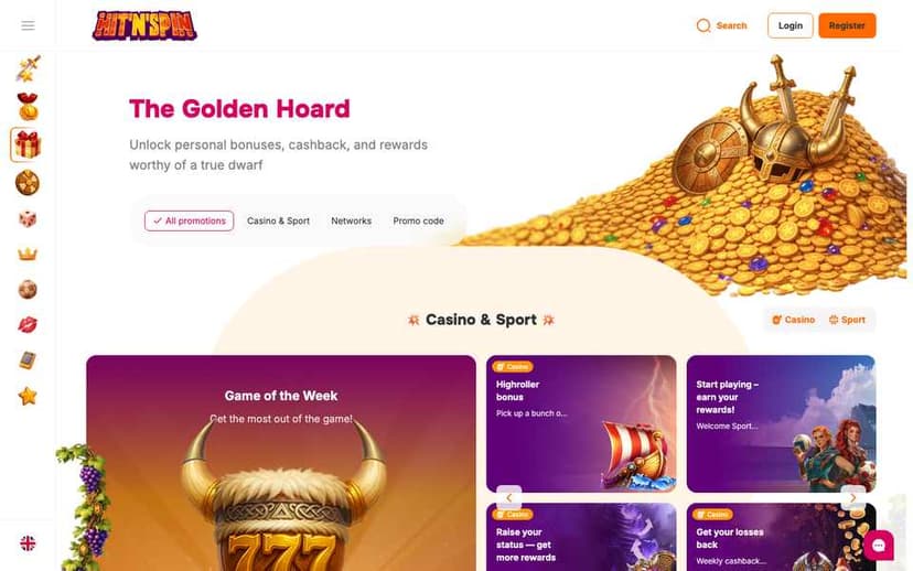 Hit'n'Spin promotions page with casino and sports offers