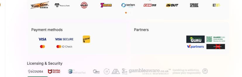 Hit'n'Spin footer payment logos for Visa, Mastercard and Interac next to the licensing and security badges