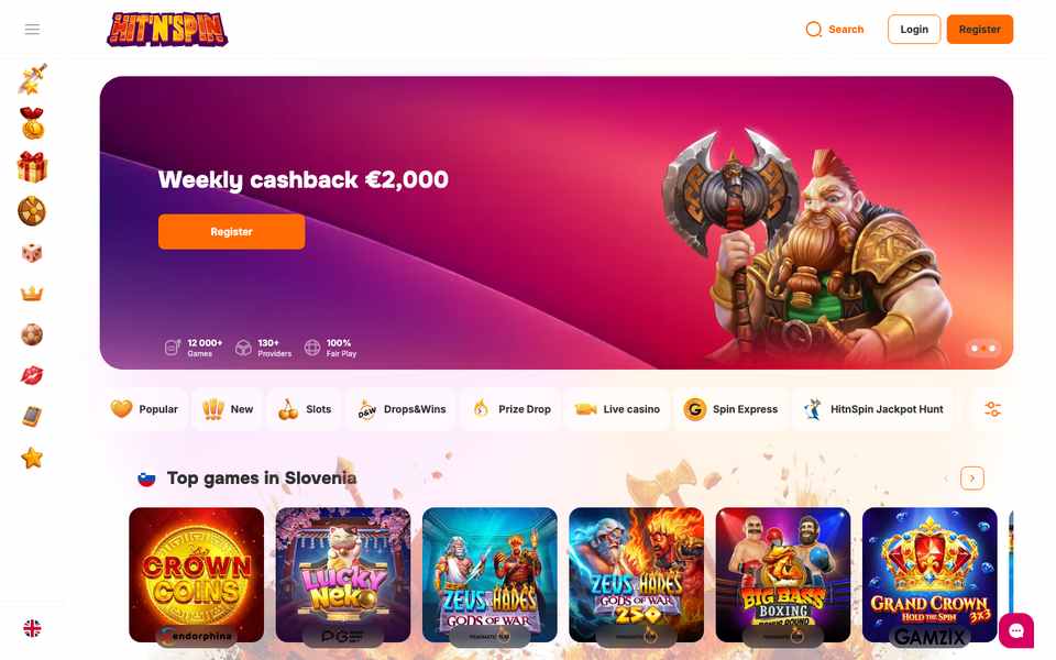 Hit'n'Spin homepage with the weekly cashback banner and the game category bar