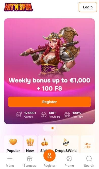 Hit'n'Spin mobile homepage with the weekly bonus banner of up to €1,000 + 100 free spins