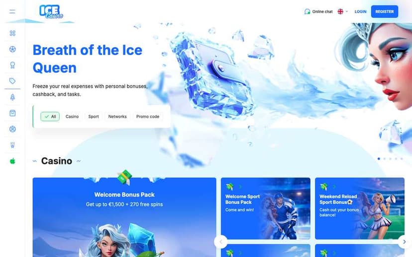 Ice Casino promotions hub with the welcome bonus pack and sports reload offers