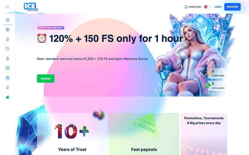 Ice Casino homepage showing the time-limited boosted welcome offer above the game lobby