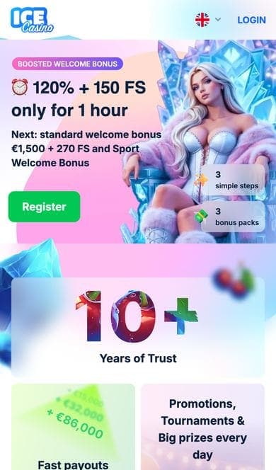 Ice Casino mobile homepage with the boosted welcome offer and the bottom menu