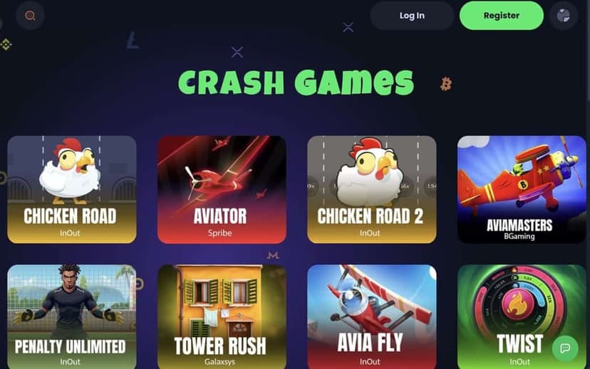 Jack Casino crash games lobby with Chicken Road, Aviator, Chicken Road 2, Aviamasters, Penalty Unlimited, Tower Rush, Avia Fly, and Twist