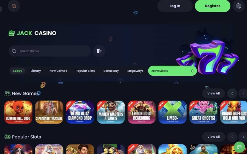 Jack Casino main lobby on the new branded engine, with the JACK Casino header, search bar, Lobby/Library/New Games/Popular Slots/Bonus Buy/Megaways tabs, and a New Games carousel featuring Burning Hell 3000, 3 Pharaoh Treasure, Bling Blitz Diamond Drop, Marlin Masters Atlantis and Legion Gold Reckoning