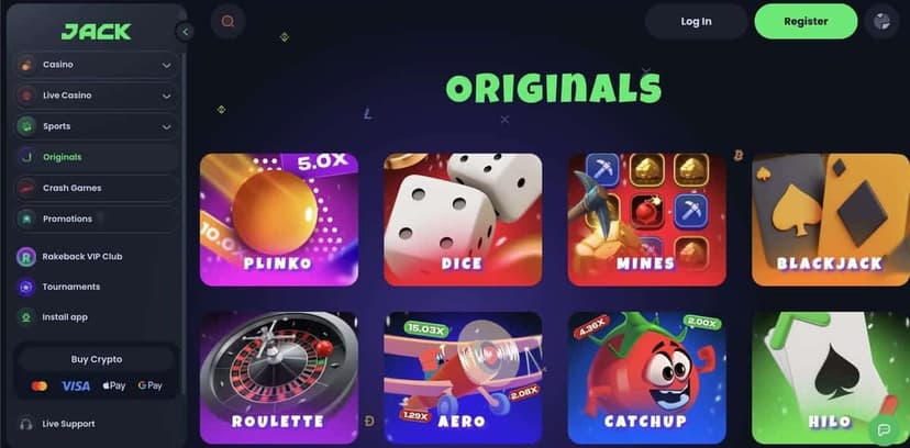 Jack Casino Originals lobby with in-house games rebranded under the new name – Plinko, Dice, Mines, Blackjack, Roulette, Aero, Catchup, and Hilo