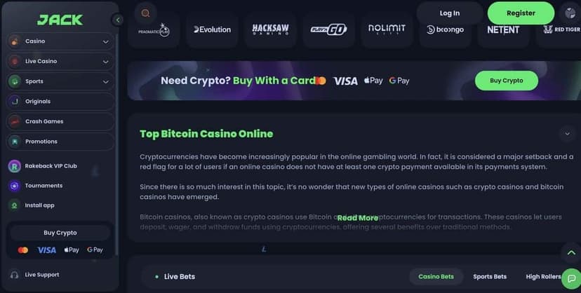 Jack Casino provider strip on the homepage with Pragmatic Play, Evolution, Hacksaw Gaming, Play'n GO, Nolimit City, Booongo, NetEnt, and Red Tiger logos above the Buy Crypto on-ramp banner