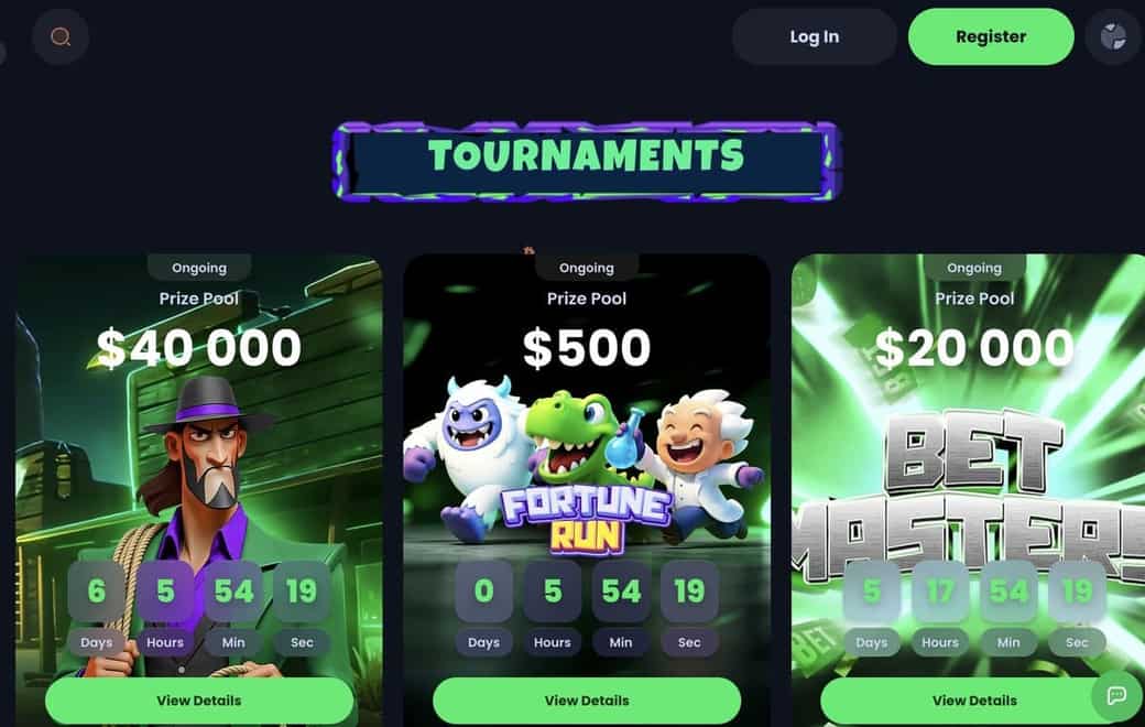 Jack Casino tournaments page showing ongoing prize pools – Fortune Run, Bet Masters, and a $40,000 promo