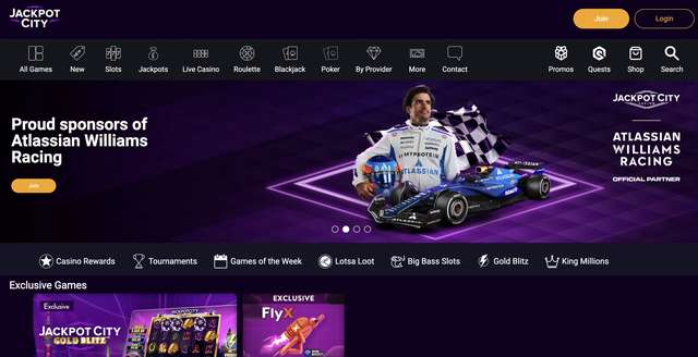 JackpotCity homepage showing the 2026 Atlassian Williams Racing F1 sponsorship with Carlos Sainz, alongside the Casino Rewards, Tournaments, Lotsa Loot, Big Bass Slots, Gold Blitz, and King Millions promotional ribbon