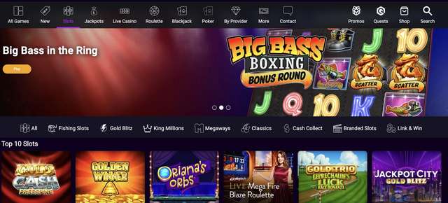 JackpotCity slots lobby with Big Bass in the Ring hero banner, Top 10 Slots row including Gold Cash Free Spins, Golden Winner, Oriana's Orbs, LIVE Mega Fire Blaze Roulette, and Jackpot City Gold Blitz, plus category filters for Fishing Slots, Gold Blitz, King Millions, Megaways, Classics, Cash Collect, Branded Slots, and Link & Win