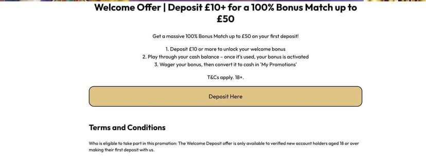 Jackpot Mobile Casino welcome offer page – Deposit £10+ for a 100% Bonus Match up to £50, three-step claim flow, Deposit Here CTA and Terms and Conditions block