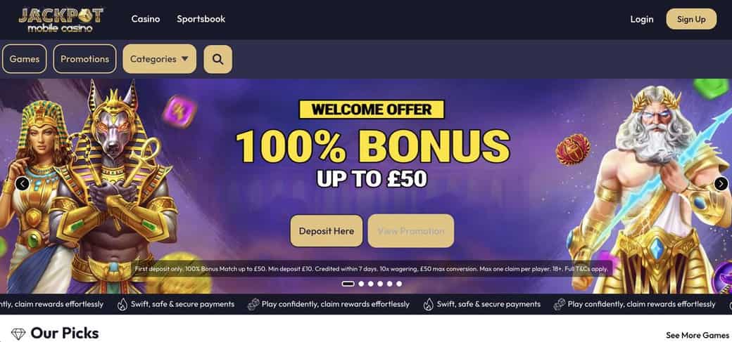 Jackpot Mobile Casino homepage with its UKGC licence footer, three payment rails, and the 100% up to £50 welcome at 10x wagering
