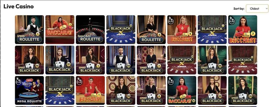 Jackpot Mobile Casino live casino lobby with Speed Roulette, Speed Baccarat, Speed Auto Roulette, Blackjack X, multiple Speed Blackjack tables, Mega Roulette and Pragmatic Play Live tiles