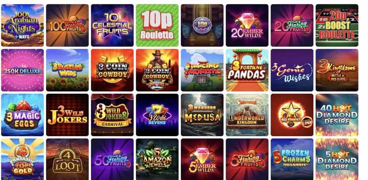 Jackpot Mobile Casino slots grid showing 1001 Arabian Nights, 100 Flaring Fruits, 10 Celestial Fruits, 10p Roulette, 3 Magic Eggs, 3 Wild Jokers, 3 Wonders Medusa, 5 Lions Megaways and other Pragmatic Play and Inspired Gaming tiles
