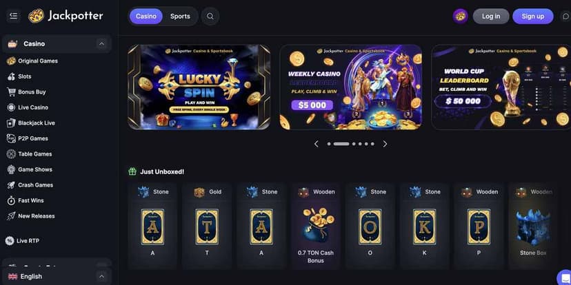 Jackpotter Casino homepage in dark mode with colourful highlights, the left-sidebar navigation showing Original Games, Crash Games and Fast Wins, and a no-deposit bonus promotion tile across the lobby