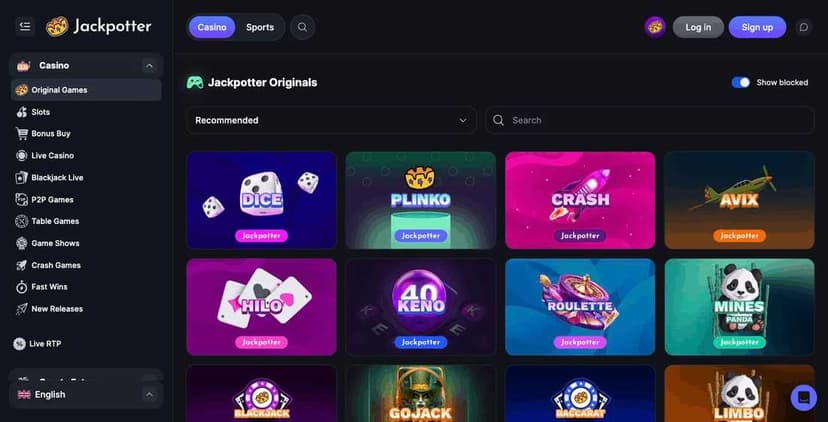 Jackpotter Originals lobby showing the 17 in-house provably fair games including Dice, Plinko, Hilo, Stairs, Tower Panda and GoJack, each tile carrying the Jackpotter branding on a dark background