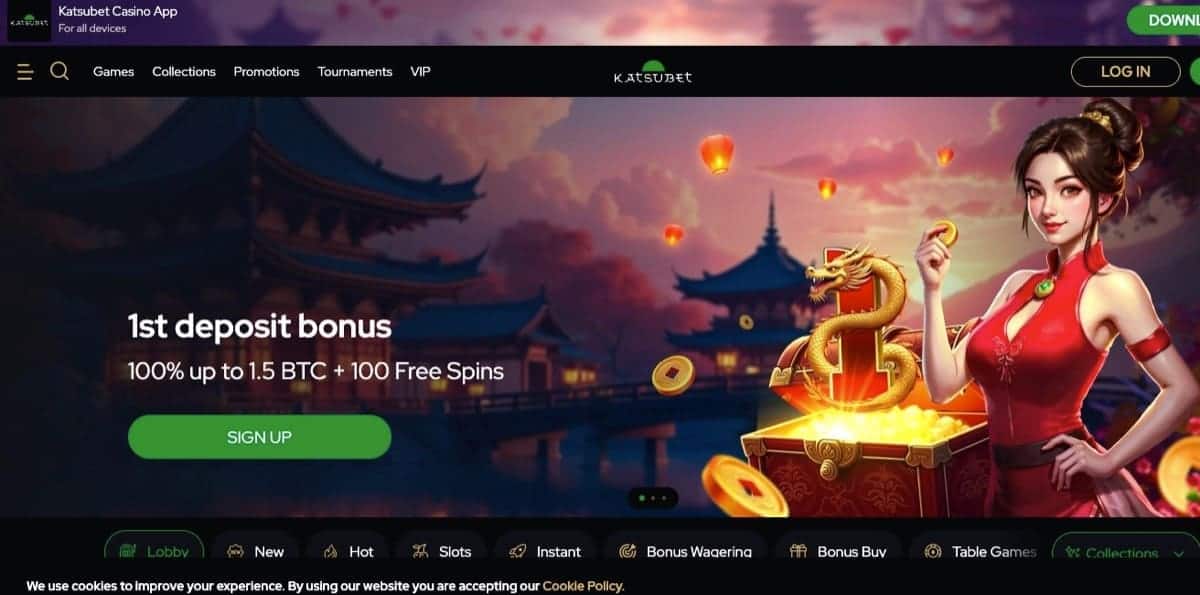 Katsubet samurai-themed homepage with the four-deposit welcome up to €4,000 plus 200 free spins under a reformed Curaçao GCA licence