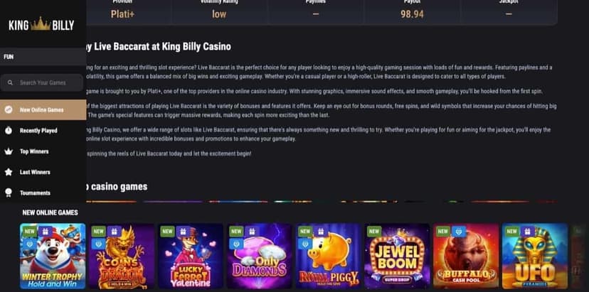 King Billy Casino games section showing the lobby with a Live Baccarat article