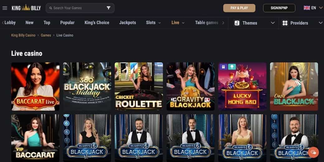 King Billy live casino section with Blackjack, Roulette, and Gravity Blackjack tables