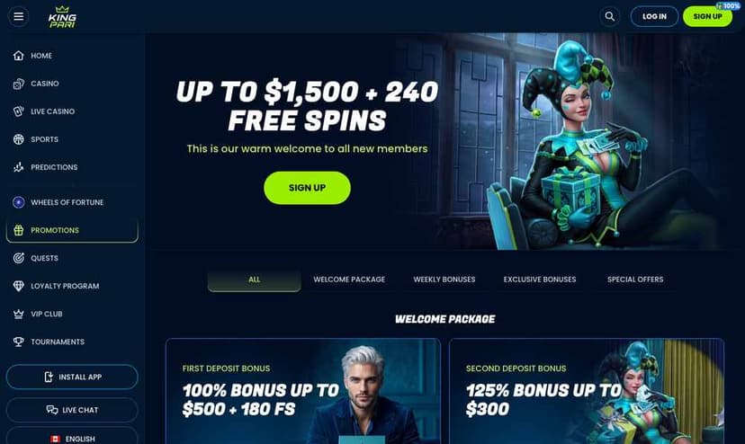 KingPari promotions page with the C$1,500 + 240 free spins welcome banner and the first two deposit bonus cards