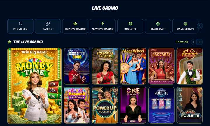 KingPari live casino lobby with Money Time, Mega Roulette 3000, Mega Wheel, Mega Baccarat and Sweet Bonanza CandyLand
