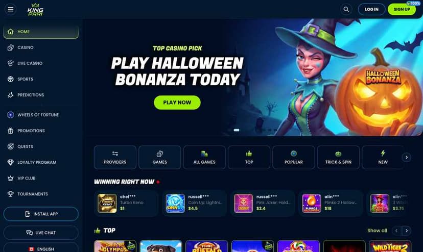 KingPari homepage with the Halloween Bonanza banner, game categories and the Winning Right Now feed