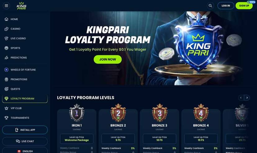 KingPari loyalty program page showing the Iron 1 to Bronze 4 levels with level-up prizes and 3% weekly cashback