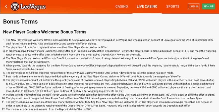 LeoVegas bonus terms page showing €300 + up to 100 Free Spins with 5x wagering and €10 minimum deposit