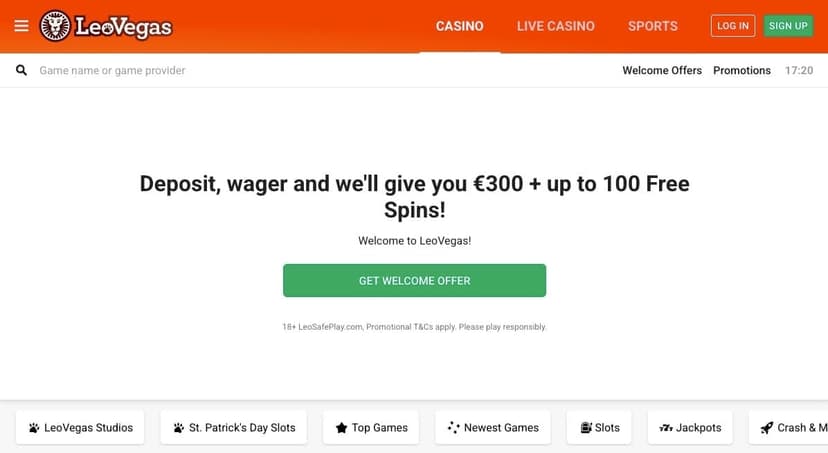 LeoVegas homepage showing the Deposit, wager and we'll give you €300 + up to 100 Free Spins welcome offer