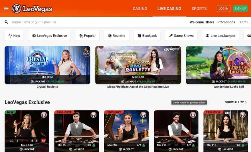 LeoVegas live casino lobby with Crystal Roulette and LeoVegas Exclusive tables