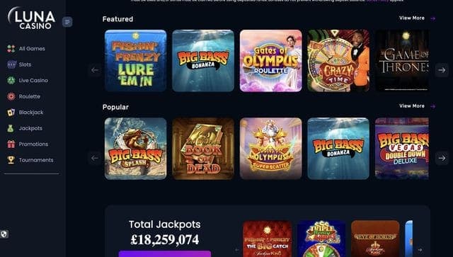 Luna Casino games lobby with featured and popular slots including Big Bass, Gates of Olympus and Book of Dead