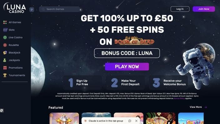 Luna Casino homepage with the space theme, UKGC account 39326 footer, and the £50 + 50 free spins welcome