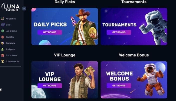 Luna Casino promotions page showing Daily Picks, Tournaments, VIP Lounge and Welcome Bonus offers