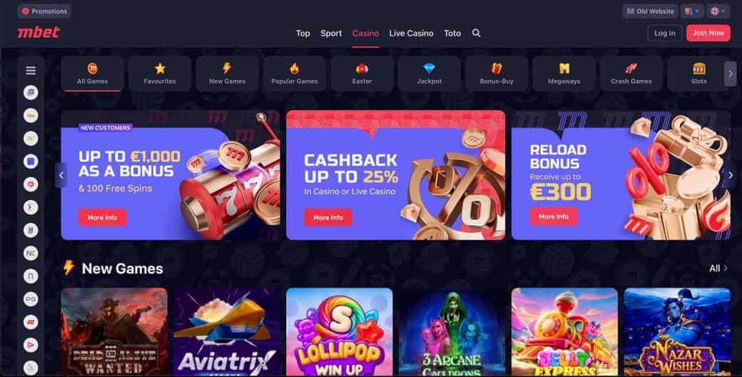 Marathonbet casino section showing game categories, promotions including up to 1,000 EUR bonus with free spins, 25% cashback, and 300 EUR reload bonus alongside new game titles