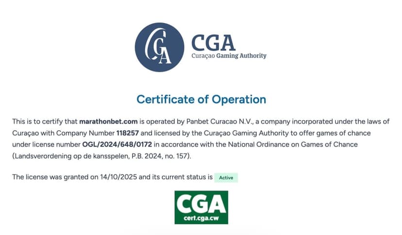 Curaçao Gaming Authority Certificate of Operation for Panbet Curacao N.V. under licence OGL/2024/648/0172, granted 14 October 2025 with active status