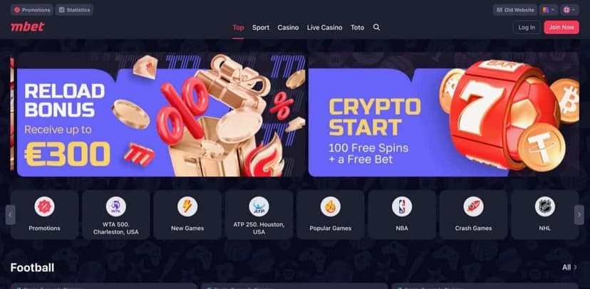 mbet homepage showing the casino lobby and European blackjack access