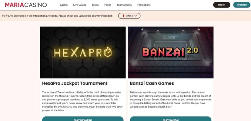 Maria Casino poker section featuring HexaPro Jackpot Tournament and Banzai Cash Games
