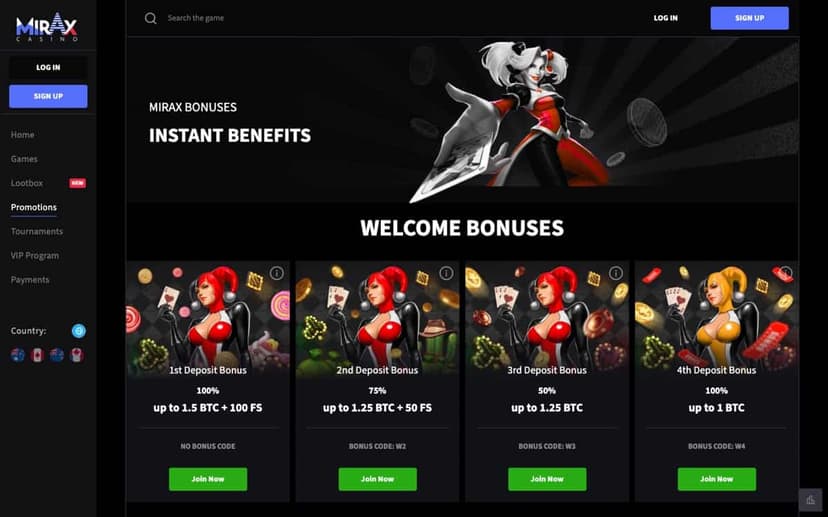 Mirax Casino promotions page with the four welcome-deposit cards for 1.5 BTC, 1.25 BTC, 1.25 BTC and 1 BTC