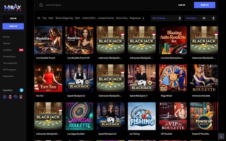 Mirax Casino live lobby with roulette tables, Speed Blackjack, Mega Wheel, Immersive Roulette and Ice Fishing