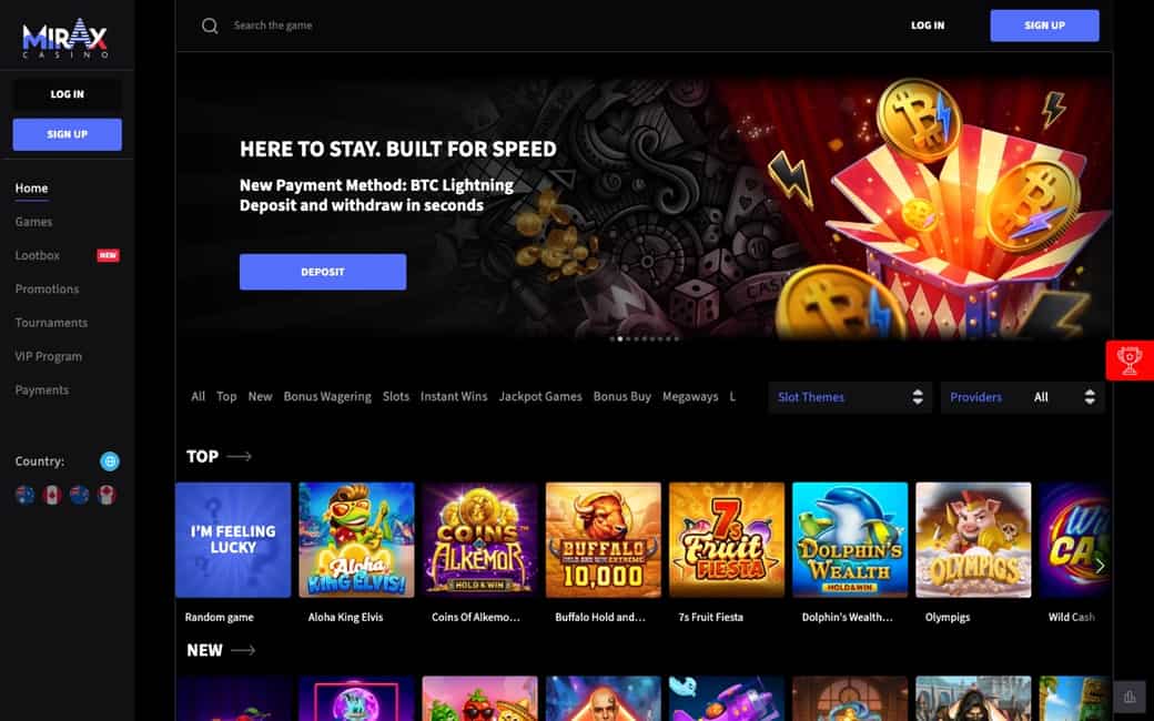 Mirax Casino homepage with the BTC Lightning payment banner and the TOP games row