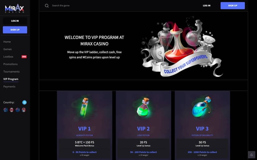 Mirax Casino VIP program page showing the first three potion levels