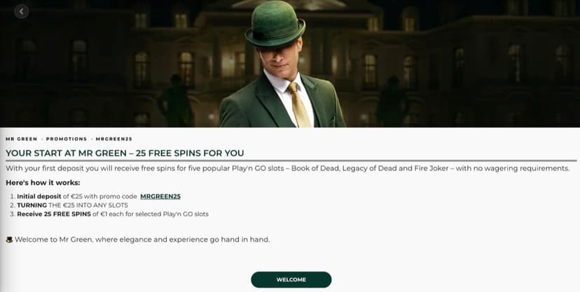 Mr Green 25 free spins promotion with MRGREEN25 promo code