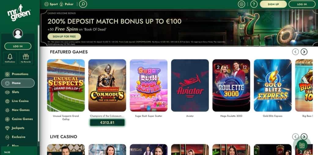 Mr Green homepage with the 200% up to €100 welcome plus 50 wager-free free spins on Book of Dead under MGA, UKGC, SGA, and Danish licences
