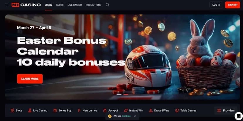 N1 Casino homepage with the racing-themed hero, the Slots and Live Casino navigation, and the up to 4,000 euro welcome package