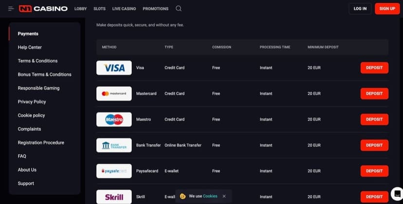 N1 Casino payment methods page listing Visa, Mastercard, Maestro, Bank Transfer, Paysafecard and Skrill with instant processing and a 20 EUR minimum deposit