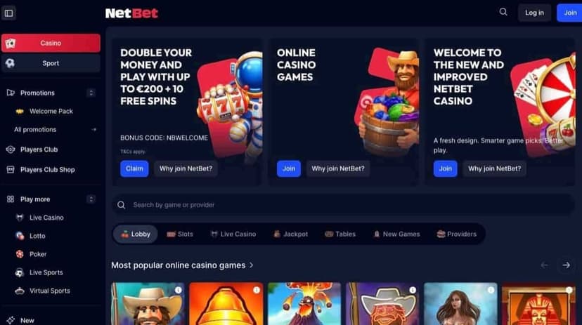 NetBet international casino homepage with the 100% up to €200 plus 10 Free Spins NBWELCOME offer
