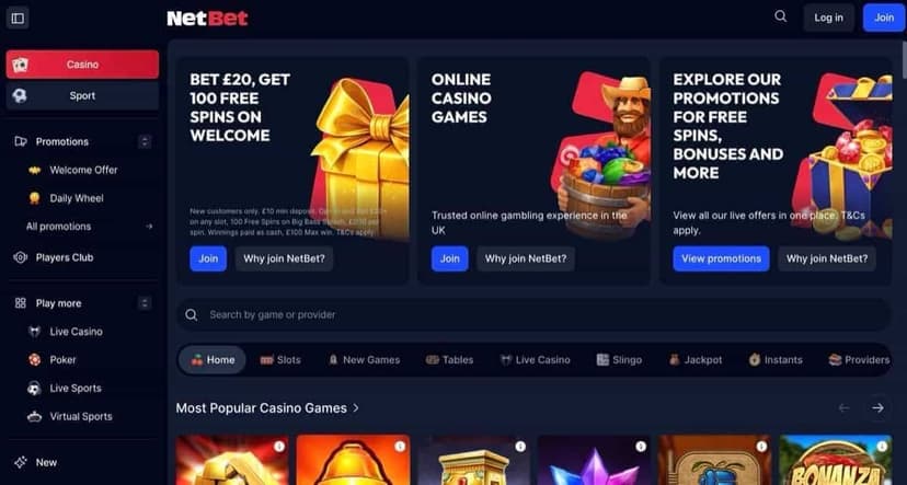 NetBet UK casino homepage with the Bet £20 get 100 Free Spins welcome offer on Big Bass Splash